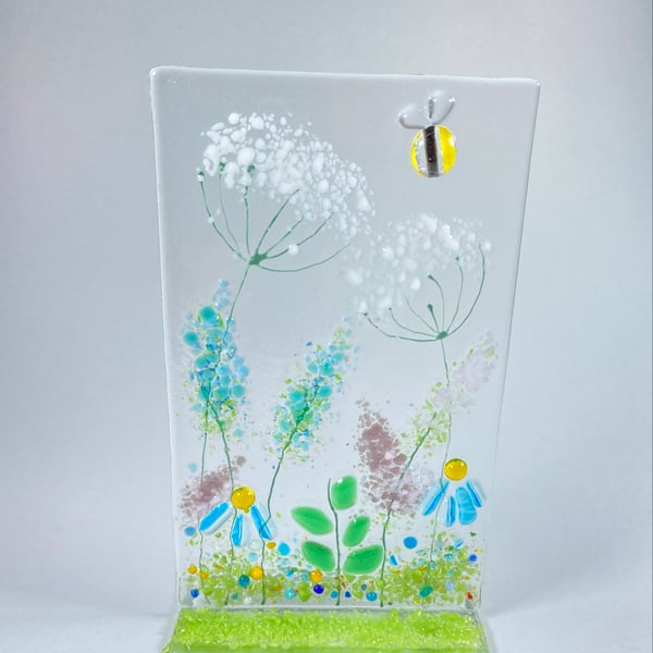 Fused glass floral free standing glass art