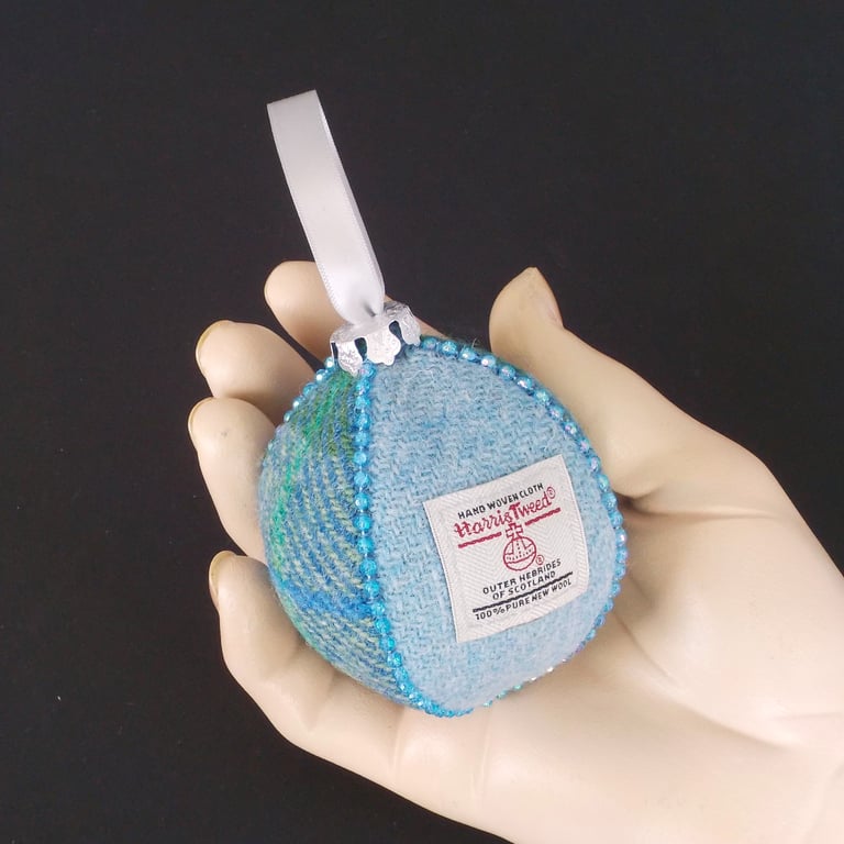 Harris tweed bauble Christmas tree decoration pale blue ornament