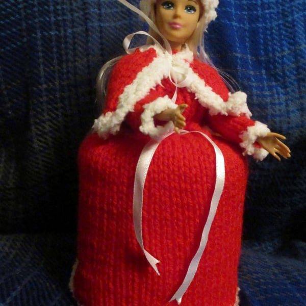 Hand Knitted miss Christmas Doll Spare Toilet Roll Cover