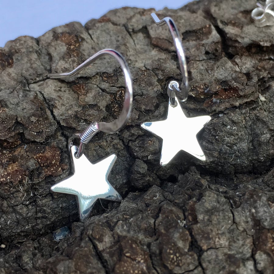 Silver Star Earrings, sterling silver drop earrings. Space Earrings
