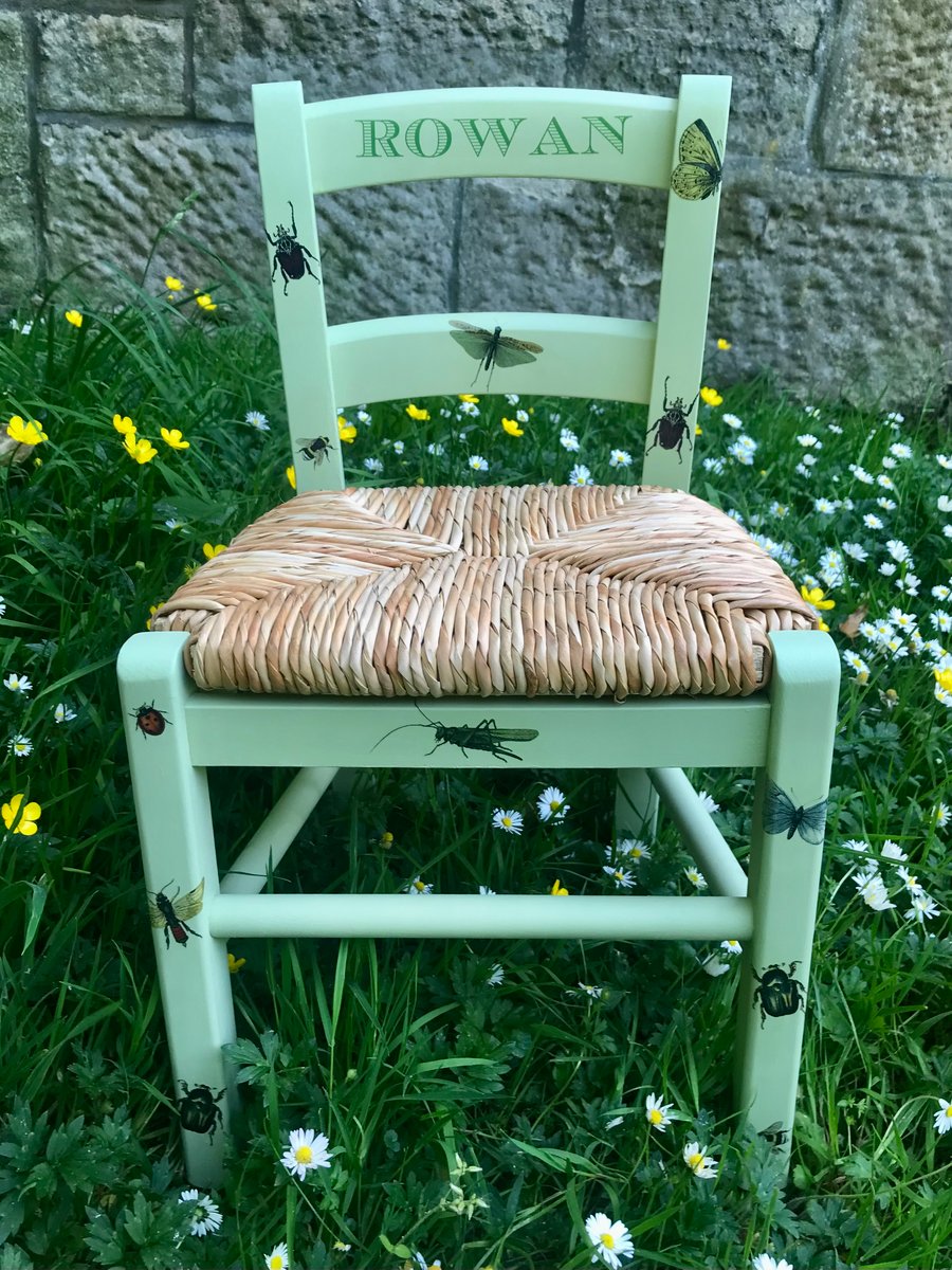 Rush seat personalised child's chair -Randon Bugs  theme  - made to order