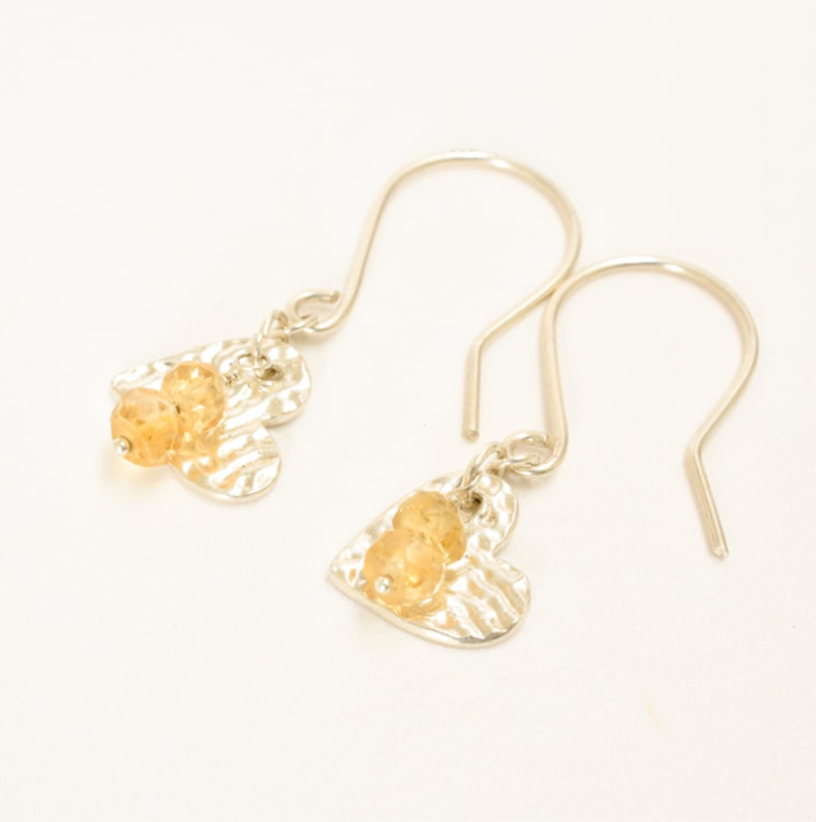 Citrine and Fine Silver Heart Earrings