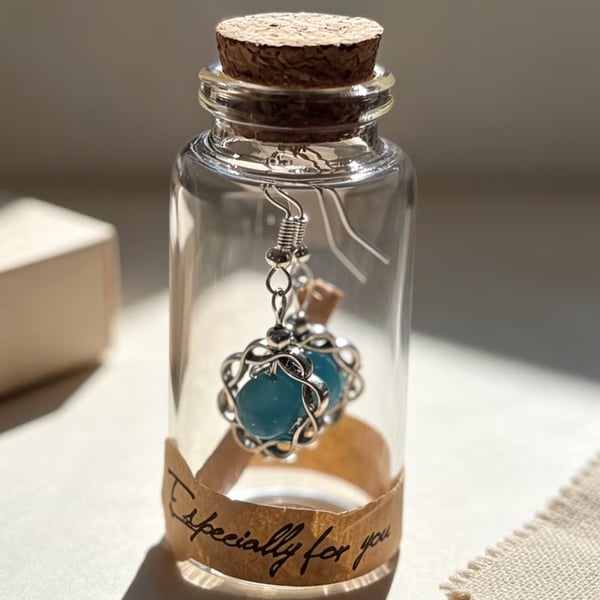 A Message in a Bottle -Blue Cats Eye Earrings