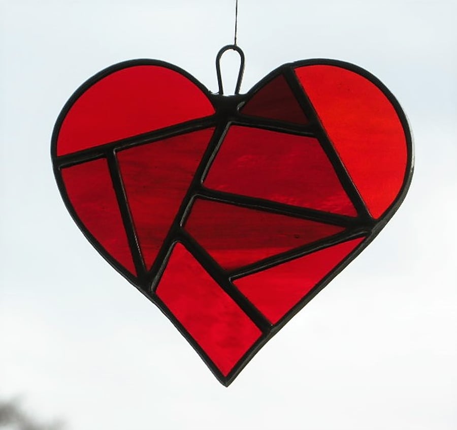 Stained Glass suncatcher Love Heart in a selection of reds textured glass