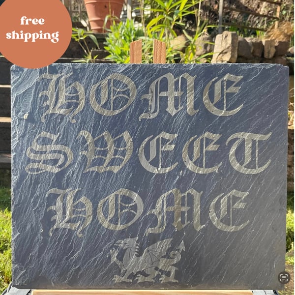 Wall Sign. Dragon, Home Sweet Home Sign on Reclaimed Slate. Gift. Free delivery.