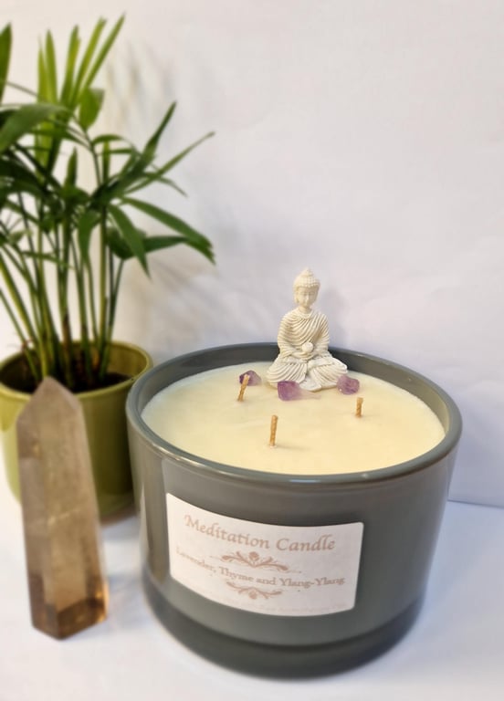 Buddha Meditation Candle: Amethyst Crystals, Aromatherapy Oils