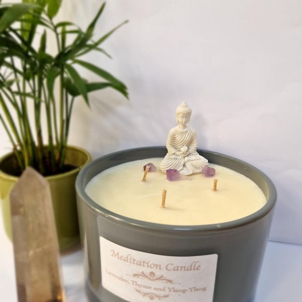 Buddha Meditation Candle: Amethyst Crystals, Aromatherapy Oils