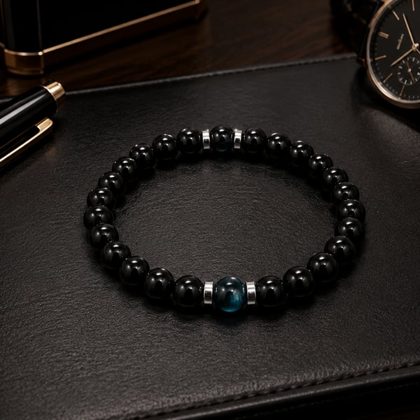 Men’s Black Onyx & Blue Tiger Eye Bracelet – 19 cm – 8 mm Beads