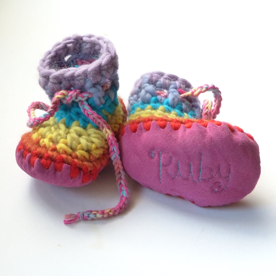 Personalised baby boots - Pink Rainbow- sizes 0-4 