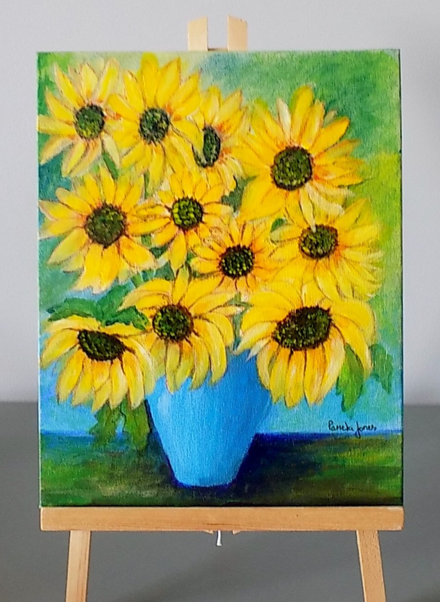 Sunflowers in Blue Vase, on Acrylic board, Size 30cm c 24 cm. 