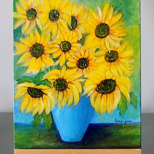 Sunflowers in Blue Vase, on Acrylic board, Size 30cm c 24 cm. 