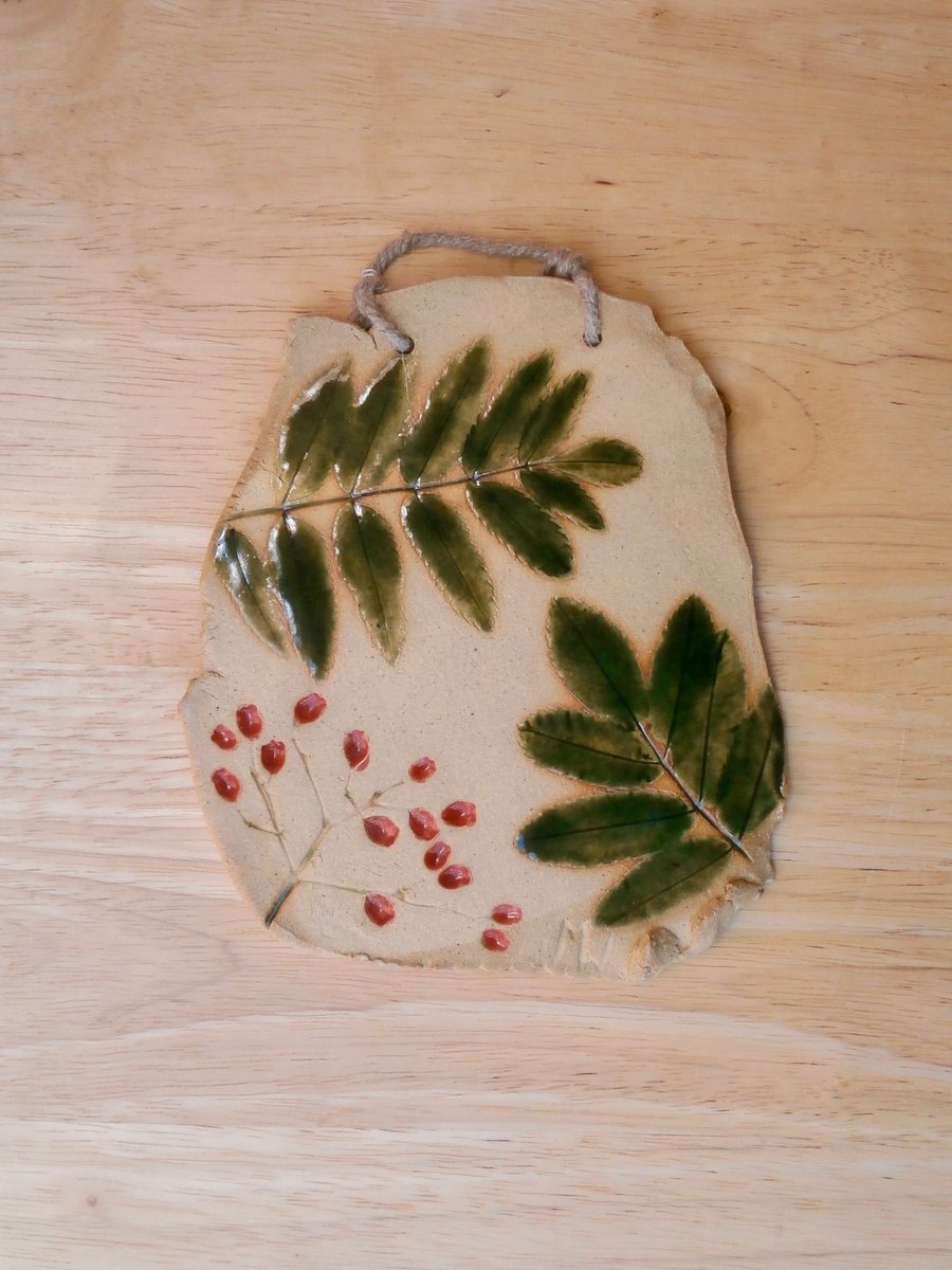 Rowan tree wall art, Ceramic plaque with leaves and berries