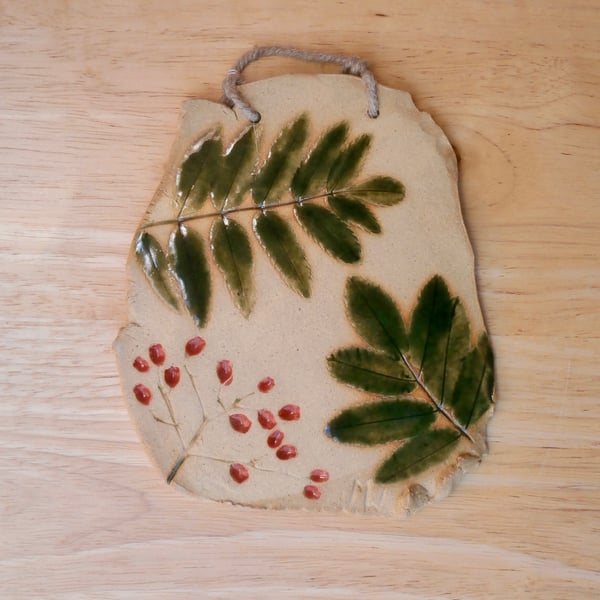 Rowan tree wall art, Ceramic plaque with leaves and berries