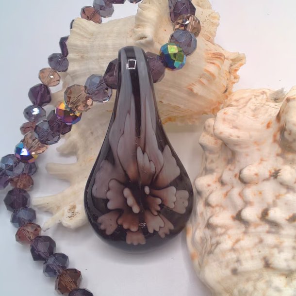 Purple Floral Patterned Glass Pendant on a Mixed Purple Crystal Necklace