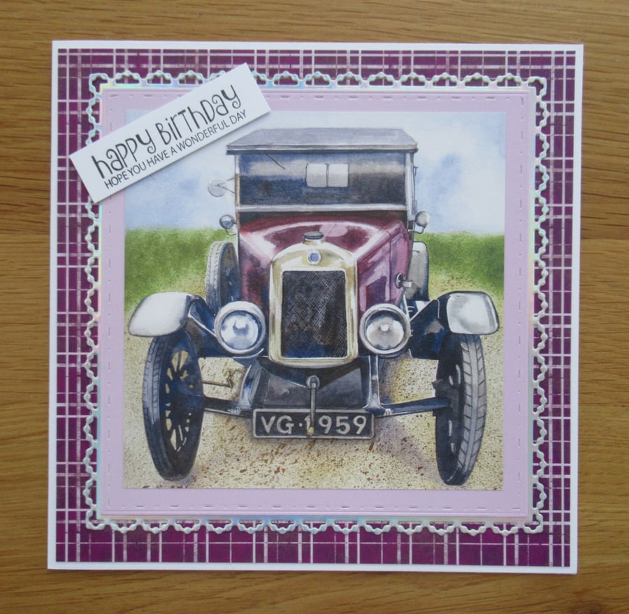 Vintage Car Birthday Card - Purple