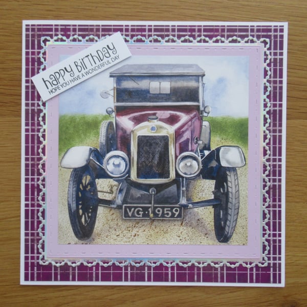 Vintage Car Birthday Card - Purple