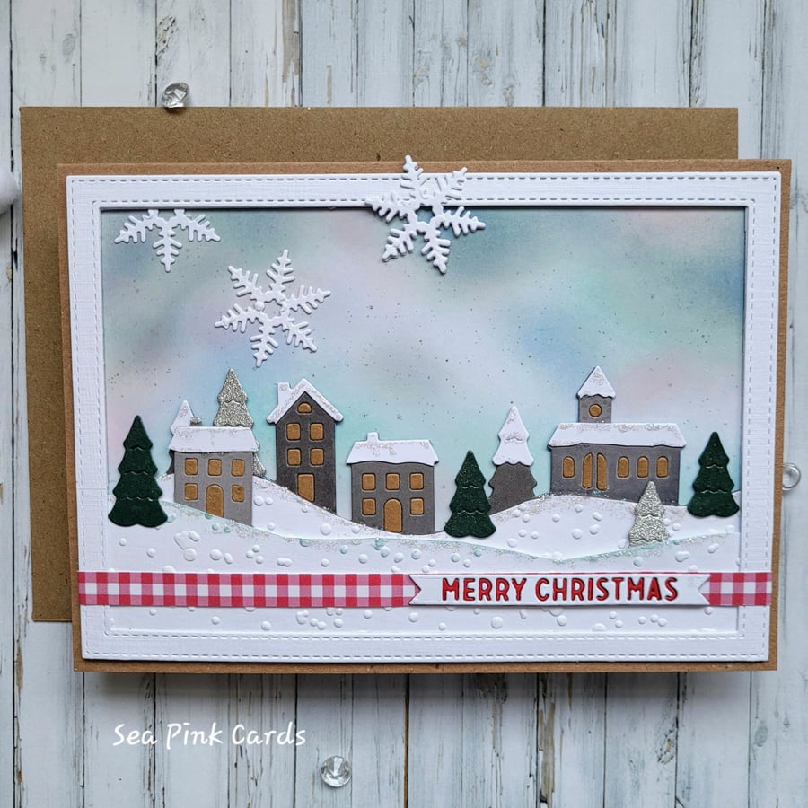 Nordic Christmas Card - houses, village, snow, trees, blank inside