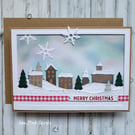 Nordic Christmas Card - houses, village, snow, trees, blank inside