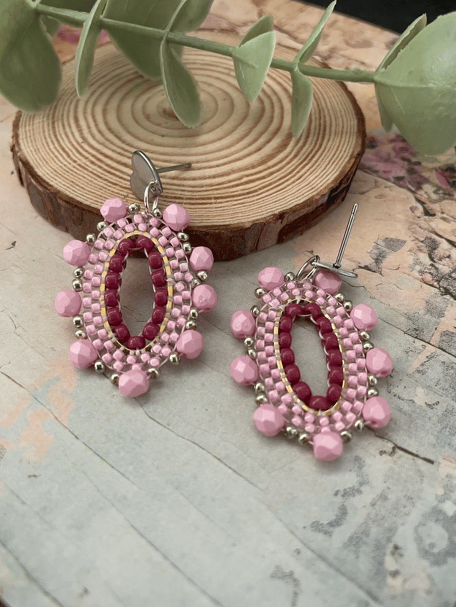 Hoop earrings, pretty pink handcrafted oval hoop glass beaded statement earrring