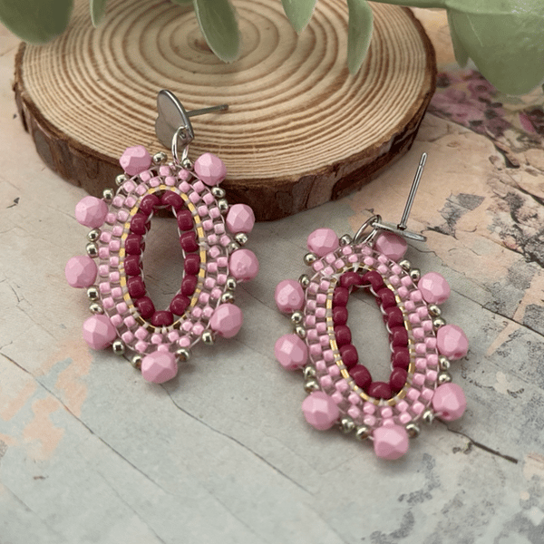Hoop earrings, pretty pink handcrafted oval hoop glass beaded statement earrring