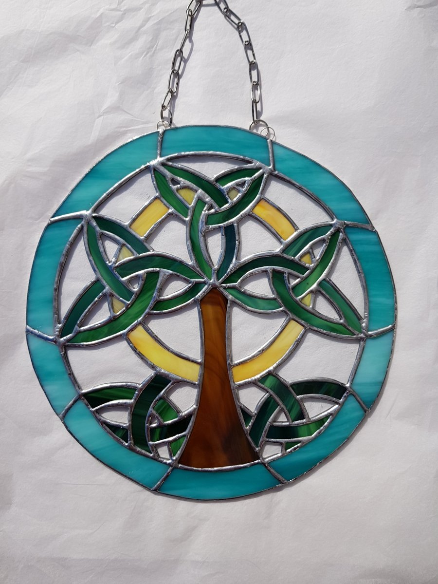 433 Stained Glass Round Celtic Tree of Life - handmade hanging decoration.