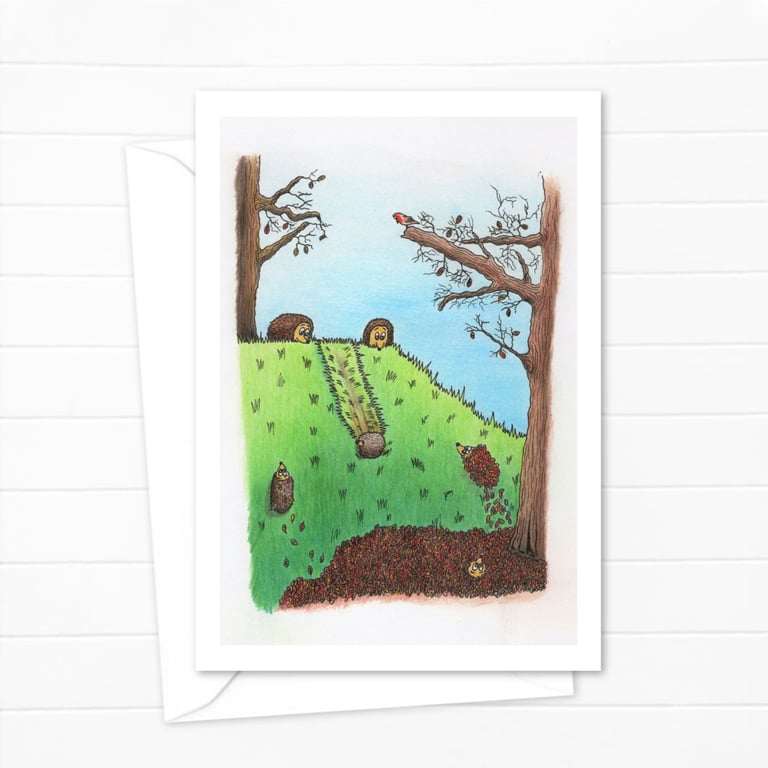 Playful Hedgehogs Greeting Card: Cute Hand Drawn Pencil Illustration (214)