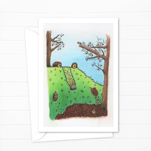 Playful Hedgehogs Greeting Card: Cute Hand Drawn Pencil Illustration (214)