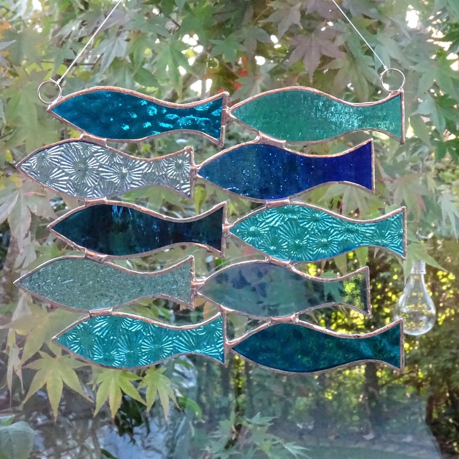 Stained Glass Shoal of 10 Fish Suncatcher - Blue and Turquoise