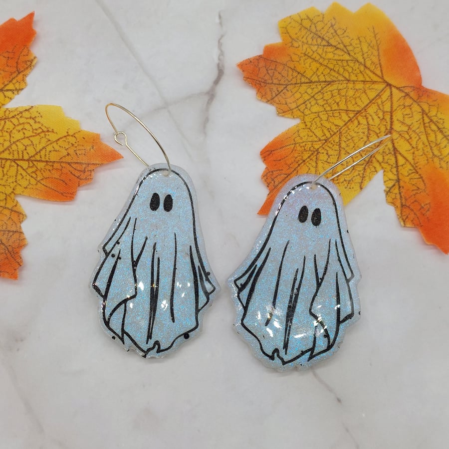 Halloween Ghost Hoop Earings, Resin Ghost Earrings, Ghost Hoops, Halloween Hoops