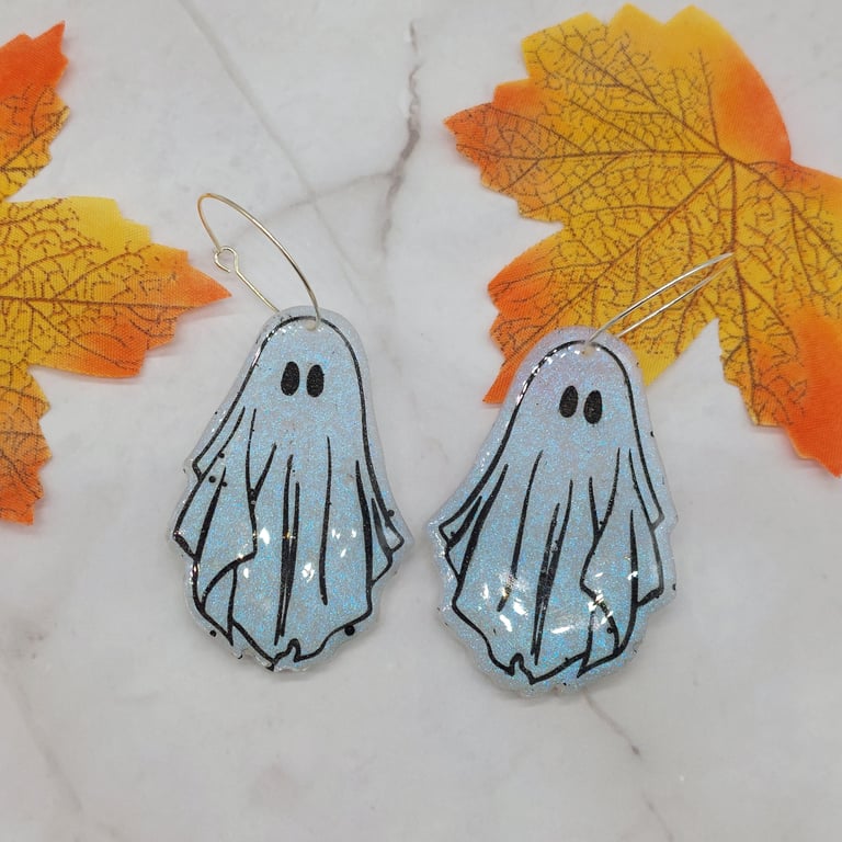 Halloween Ghost Hoop Earings, Resin Ghost Earrings, Ghost Hoops, Halloween Hoops
