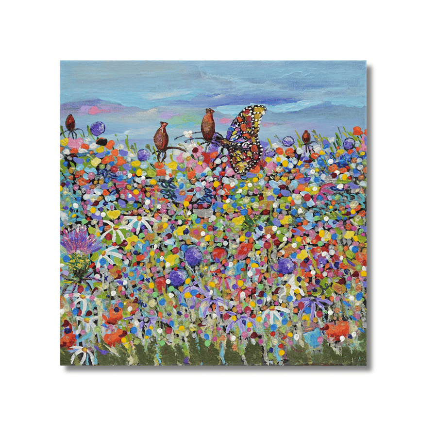 A butterfly and wildflowers painting - ready to hang - acrylic on canvas