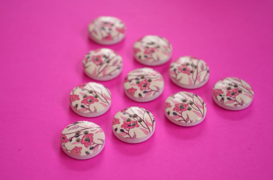 15mm Wooden Floral Buttons Pink 10pk Flowers (SF16)