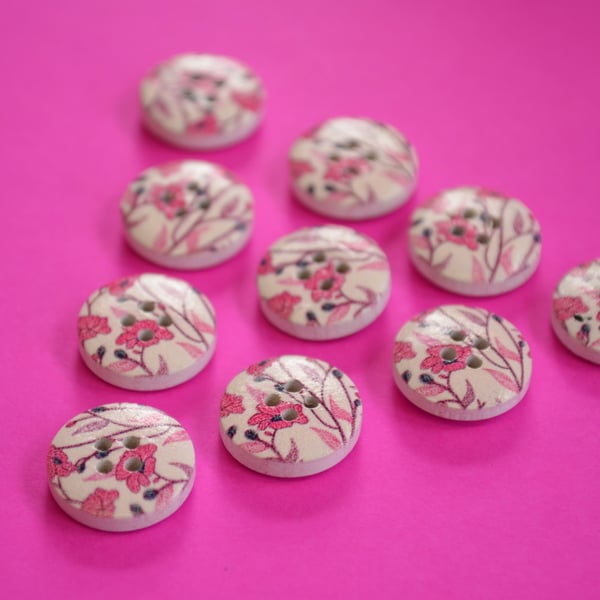15mm Wooden Floral Buttons Pink 10pk Flowers (SF16)