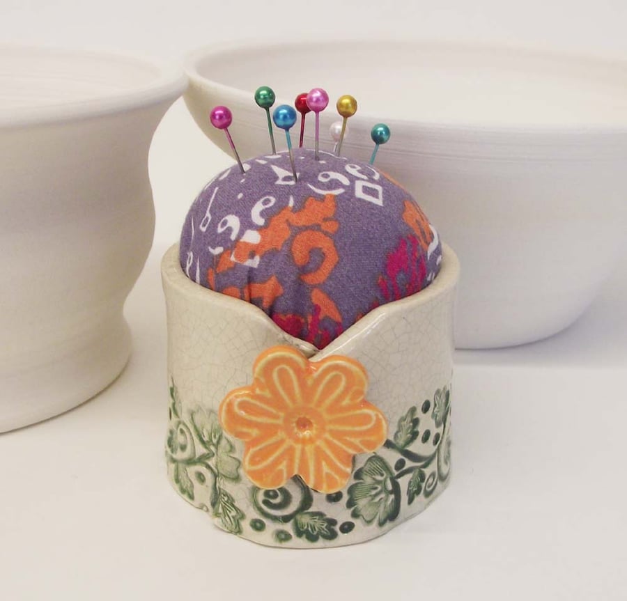 ceramic pincushion with flower detail