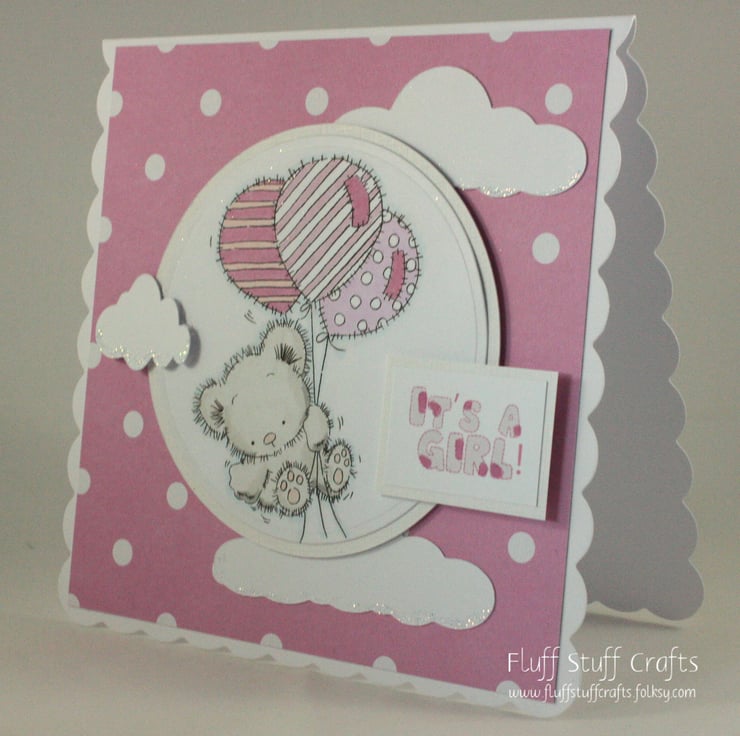 Handmade new baby girl card - teddy with balloons - Folksy