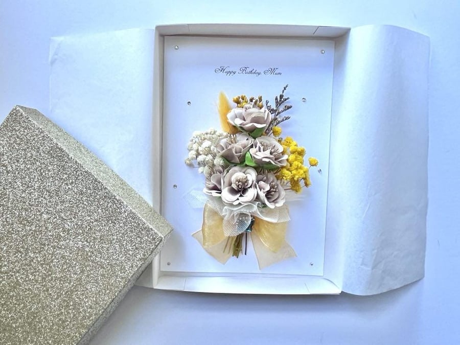 Handmade 3D Dried Flower Birthday Card: Personalized Bouquet C644