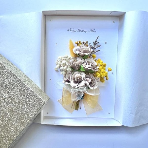 Handmade 3D Dried Flower Birthday Card: Personalized Bouquet C644