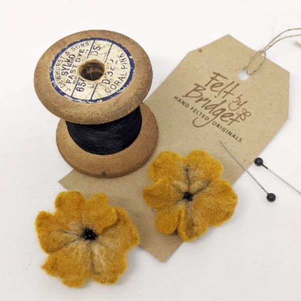 Small mustard yellow felted flower brooch