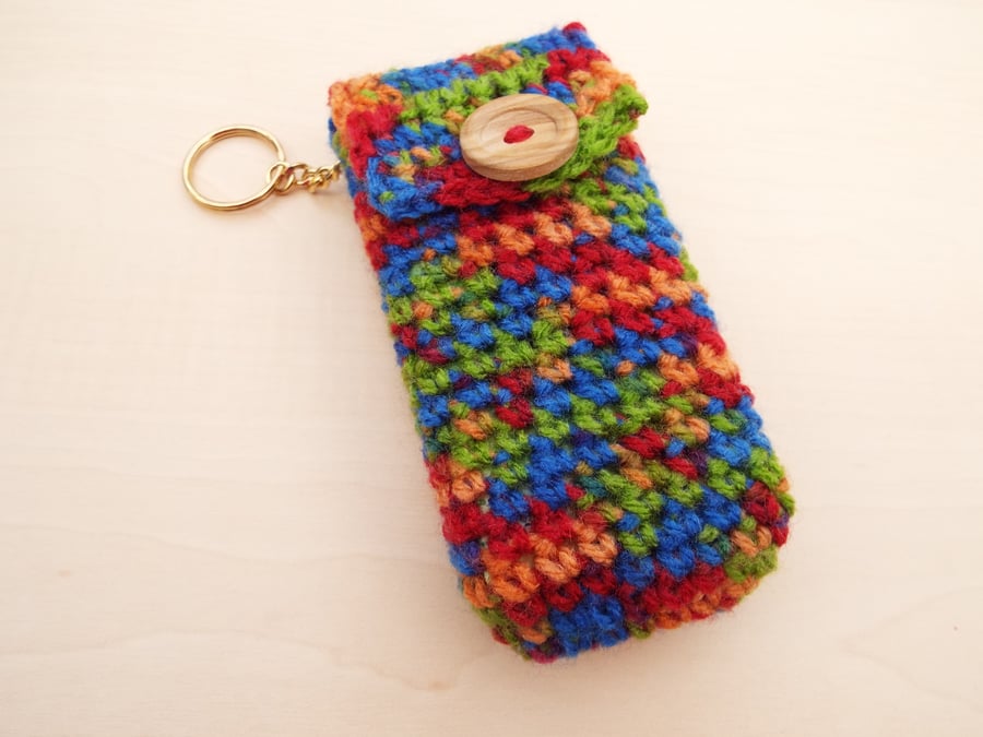 Hand crochet pocket tissue cover keyring with wooden button