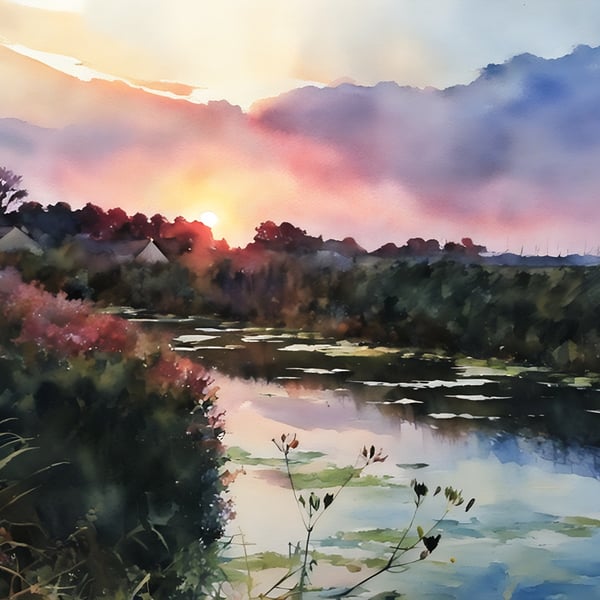Digital Download of Print Watercolour Sunset on the Fens Norfolk Spring