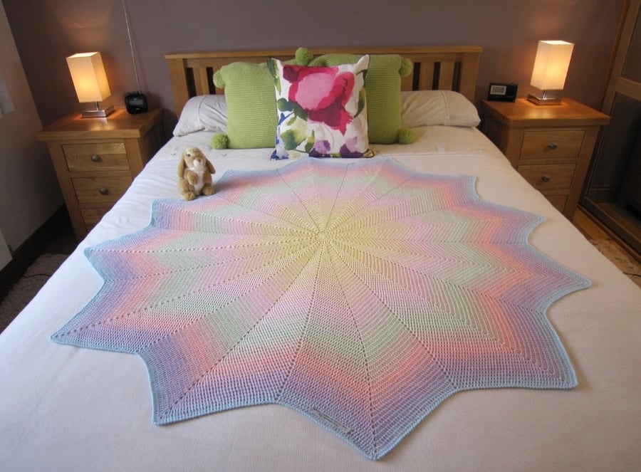 Medium bed or sofa throw, pastel rainbow colours, hand crocheted throw