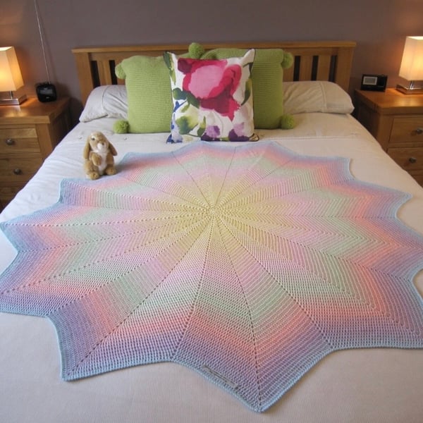 Medium bed or sofa throw, pastel rainbow colours, hand crocheted throw