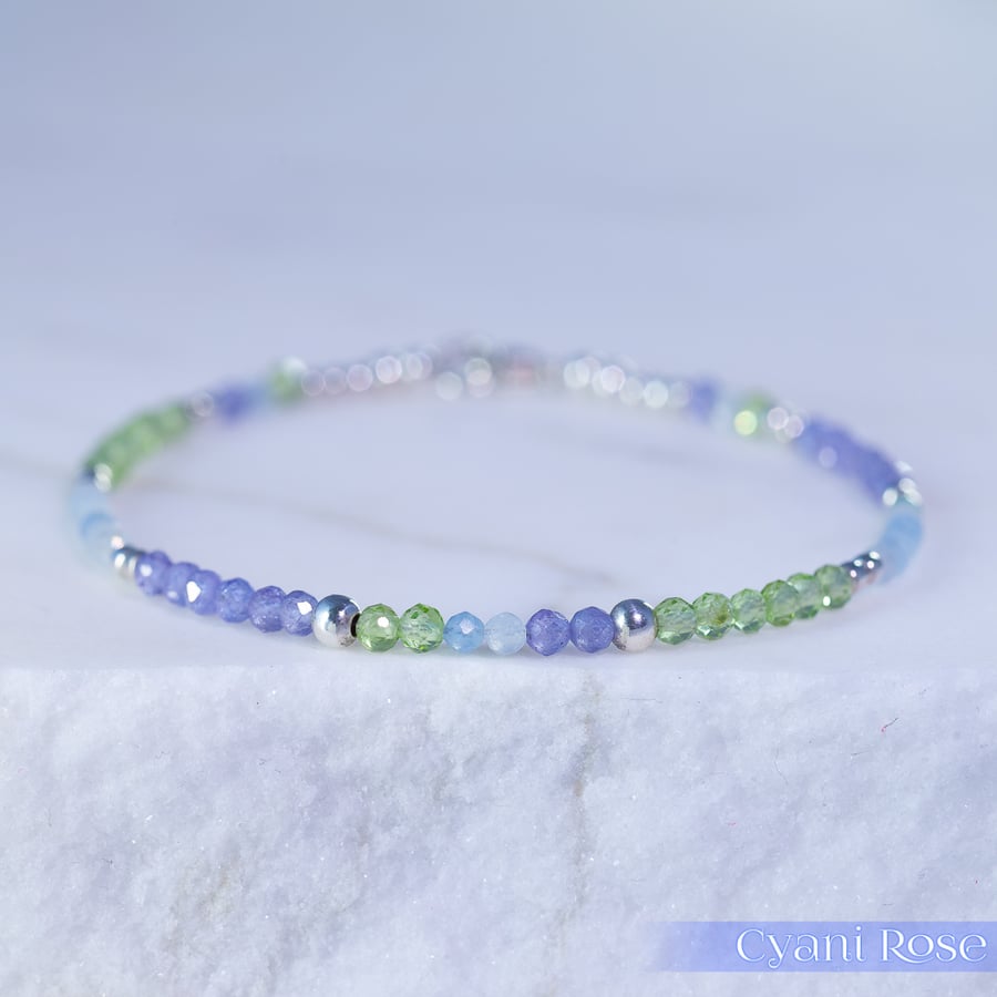 Handmade dainty beaded bracelet peridot tanzanite aquamarine silver