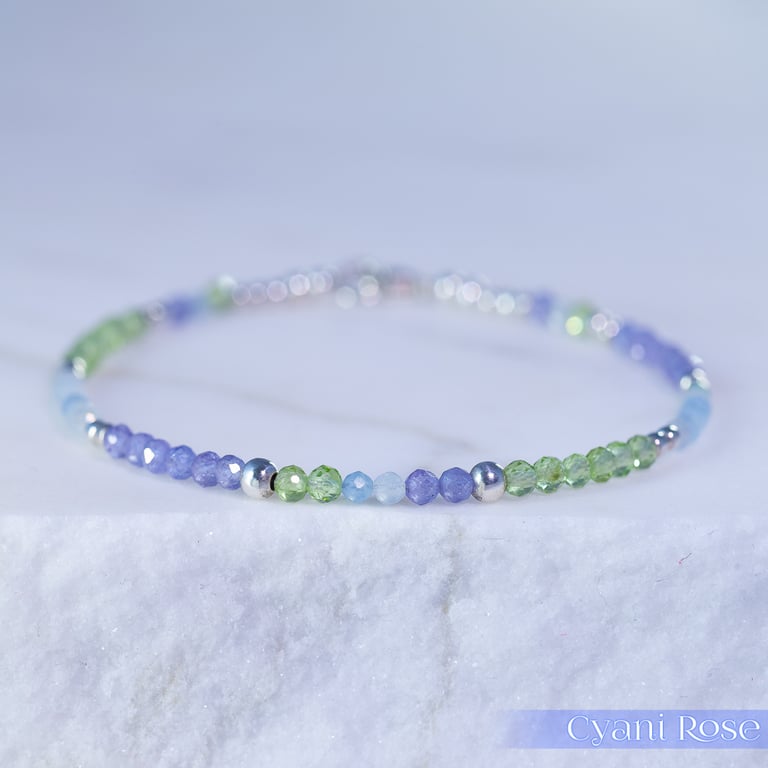 Handmade dainty beaded bracelet peridot tanzanite aquamarine silver