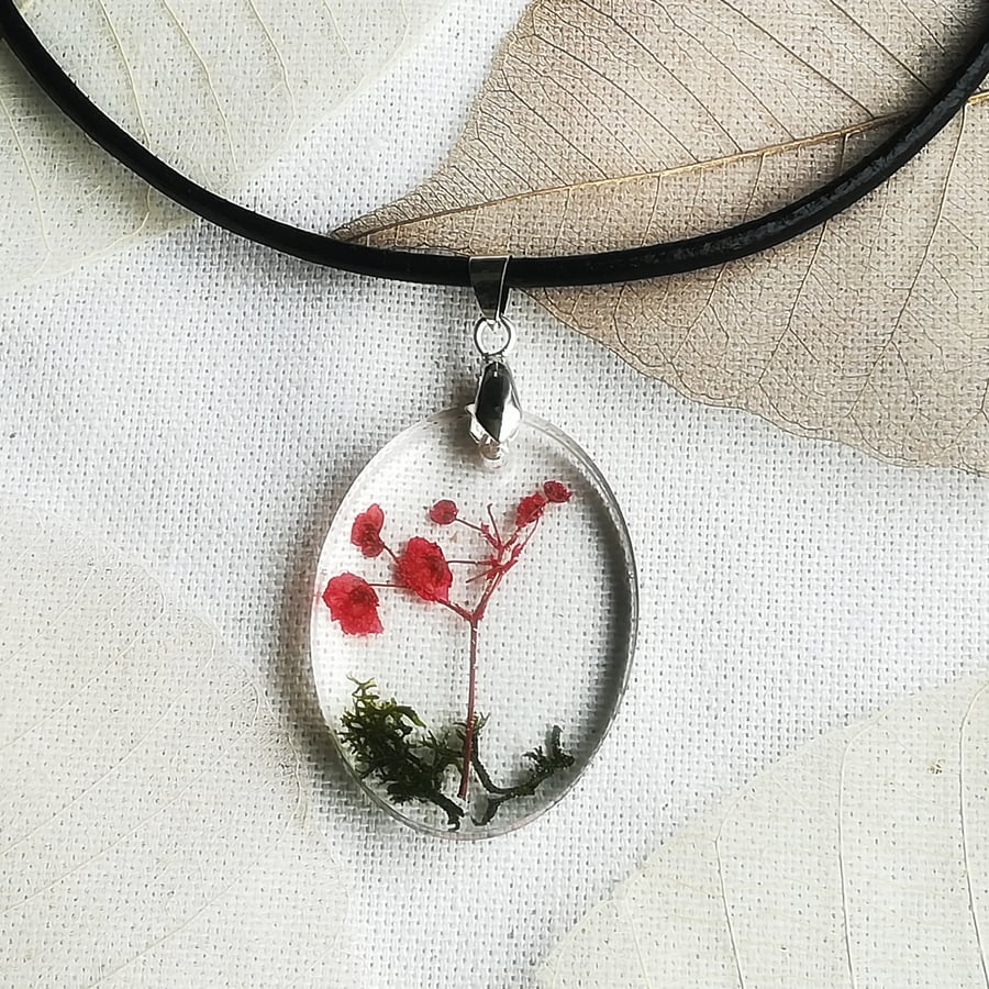 Real flower oval necklace, Red flower on green moss pendant, Resin jewellery