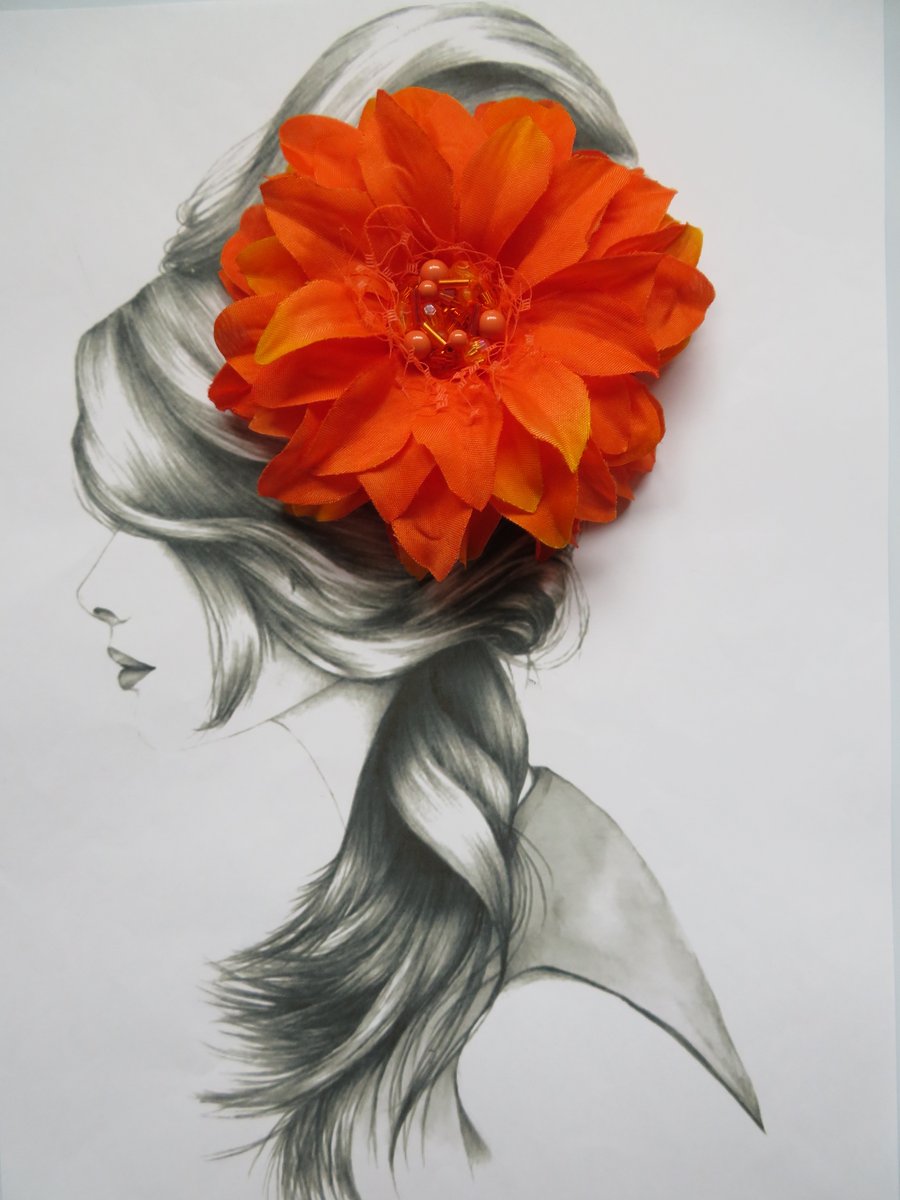 Bright Orange Hibiscus Hair Clip Hair Accessory Retro Boho Vintage Prom