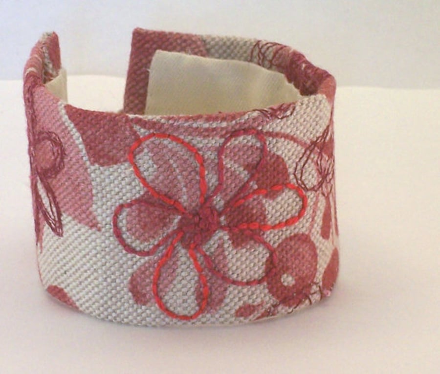 SOLD Printed linen cuff with hand embroidery in gorgeous reds
