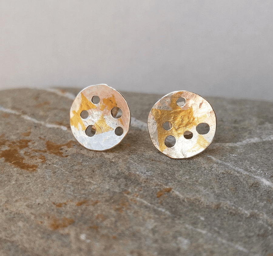Handmade organic feel Silver stud Earrings With Gold Accent. 