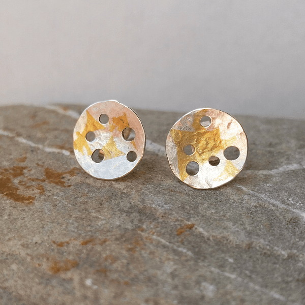 Handmade organic feel Silver stud Earrings With Gold Accent. 