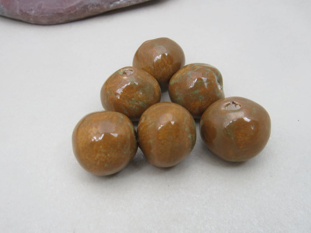 6 Medium Grassland Green Brown Glazed Clay Beads